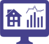 a purple icon of a computer screen with a house and bar chart graph